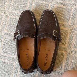 Prada Brown Leather Buckle Slip-On Loafers